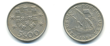 ПОРТУГАЛИЯ 5 ЭСКУДО 1984 ПАРУСНИК KM 591 медно-никель 3999-835