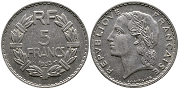 ФРАНЦИЯ 5 ФРАНКОВ 1933 KM 888 никель 93-543