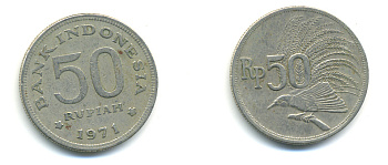 Индонезия 50 рупий 1971 райская птица KM 35 медно-никель 86-853