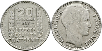Франция 20 франков 1933 Пьер Тюрен KM 879, Le Franc 400.3 серебро 441-1641