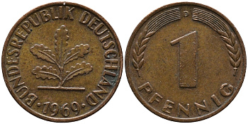 ФРГ 1 ПФЕННИГ 1969 D KM 105, J.380 сталь плакированная медью 96-1062