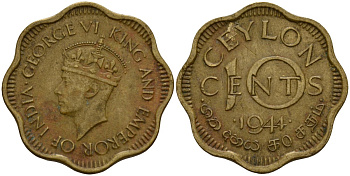Цейлон 10 центов 1944 Георг VI (1937 - 1952) KM 118 никель латунь 4156-343