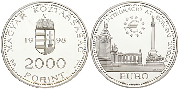 Венгрия 2000 форинтов 1998 интеграция в европейский союз KM 733 серебро PROOF 02-252-21