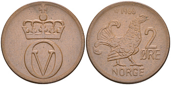 НОРВЕГИЯ 2 ЭРЕ 1966 КУРИЦА, ОЛАФ V (1957-1991) KM 410 бронза 98-812