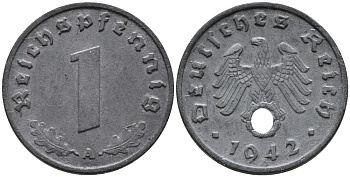 ГЕРМАНИЯ 1 РЕЙХСПФЕННИГ 1942 A KM 97, J.369 цинк 96-731
