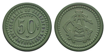 Чили, Антофагаста (Antofagasta) шахтерский жетон с Селитряного рудника для покупки в местных магазинах, номиналом в 50 сентаво около 1904 диаметр 31 мм, вес 2,58 гр Espinosa 22.5 эбонит (зеленый) 1094-4-64