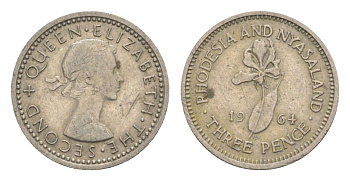 Родезия и Ньясаленд 3 пенса 1964 Елизавета II (1952-2022), цветок глориоза KM 3 медно-никель 4596-1061