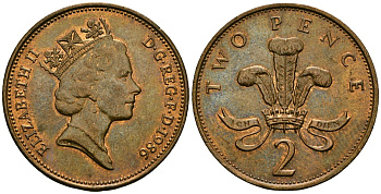 Великобритания 2 пенса 1986 Елизавета II (1952-2022) KM 936, Spink 4376 (C3) бронза 4607-736