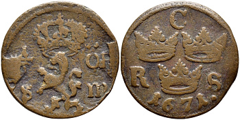 Швеция 1/6 эре 1671 Карл XI (1660-1697) KM 254 медь 4395-1121