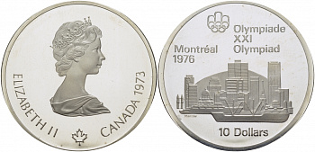 Канада 10 долларов 1973 XXI летние Олимпийские игры в Монреале 1976 года, вид на город KM 87 серебро PROOF 00-00