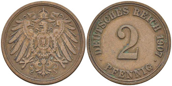 ГЕРМАНИЯ 2 ПФЕННИГА 1907 A KM 16, J. 11, Weege 4 медь 212-333