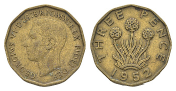 Великобритания 3 пенса 1952 Георг VI (1936-1952) KM 873, Spink?4113 латунь 4571-455