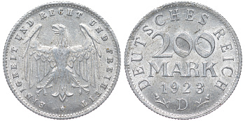 Германия 200 марок 1923 D KM 35, J. 304, Weege 22 алюминий 4604-615