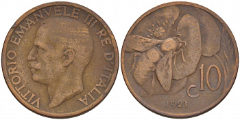 ИТАЛИЯ 10 ЧЕНТЕЗИМО 1921 R, МОНДВОР РИМ, ВИКТОР ЭММАНУИЛ III (1900-1946) KM 60 медь 4544-957