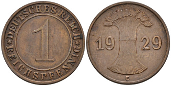 Германия 1 рейхспфенниг 1929 E KM 37, J.313, Weege 2 медь 4585-612