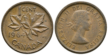 Канада 1 цент 1964 Елизавета II (1952-2022), кленовый лист KM 49 бронза 3999-812