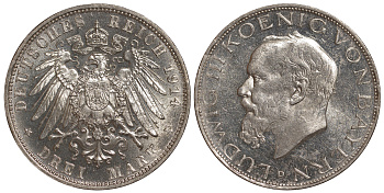 Бавария 3 марки 1914 D, Людвиг III (1913-1918) Weege 52, J. 52, KM 520 серебро 413-3812