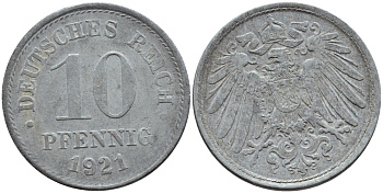 ГЕРМАНИЯ 10 ПФЕННИГОВ 1921 KM 26, J. 299 цинк 4395-1256