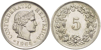 ШВЕЙЦАРИЯ 5 РАППЕНОВ 1964 В KM 26 медно-никель 100-1046