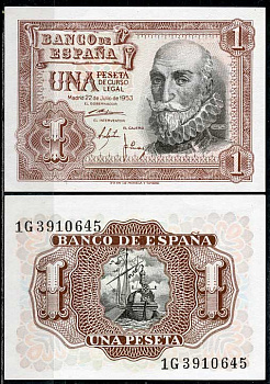 Испания 1 песета 1953 22 июля 1953, Мигель де Санта Круз Pick 144 a  бумага  UNC (пресс) 450-84-1