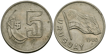 Уругвай 5 новых песо 1980 KM 75 медь цинк никель 4111-643