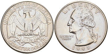США 25 центов (квотер) 1995 D, Вашингтон KM A164a медь плакированная медно-никелем 190-421