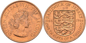 Джерси 1/12 шиллинга 1966 900 лет Нормандскому завоеванию KM 26 бронза UNC 4367-344