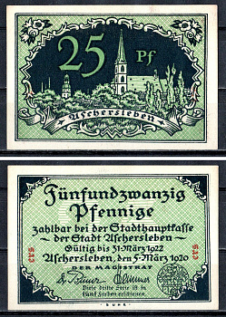 Ашерслебен (Пруссия, Саксония) 25 пфеннигов 1920 Mehl Grabowski 50.1-3/10 бумага UNC (пресс) 7556-45-1-2