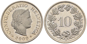 Швейцария 10 раппенов 2000 B HMZ 2.1210, Divo/Tob19.314, KM 27, Schoen 25, Y 24 медно-никель UNC 4516-256