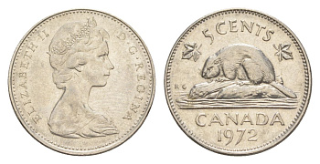 Канада 5 центов 1972 Елизавета II (1952-2022), бобр KM 60.1 никель 4630-719