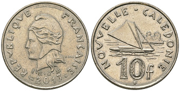 Французская Новая Каледония 10 франков 2013 рыбачья парусная лодка, (IEOM) KM 11a, Schoen 13a, Lec 99k медно-никель 67-433