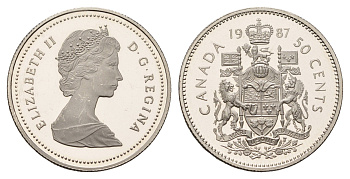 Канада 50 центов 1987 Елизавета II (1952-2022), герб KM 75.3 никель PROOF 603-412