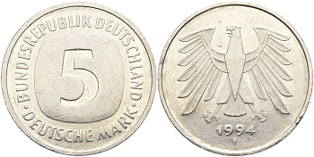 ФРГ 5 марок 1994 F KM 140.1, J.415 медно-никель 4139-131