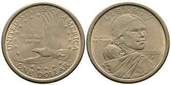 США 1 доллар 2000 Р, индианка Сакагавея KM 310 медь с марганцево-латунным покрытием UNC 29-444