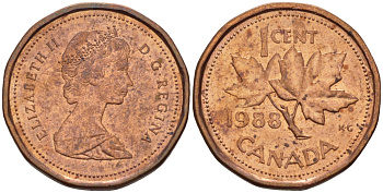 КАНАДА 1 ЦЕНТ 1988 КЛЕНОВЫЙ ЛИСТ, ЕЛИЗАВЕТА II KM 132 бронза 53-546