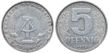 ГДР 5 пфеннигов 1972 A KM 9.1 алюминий 62-251