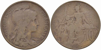 ФРАНЦИЯ 10 САНТИМОВ 1901 ТИП ДАНИЭЛЬ ДЮПЮИ KM 843, LA FRANC 136.11 бронза 109-143