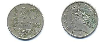 Бразилия 20 сентаво 1970 голова Свободы влево KM 579.2, Schon 84a медно-никель 51-4644
