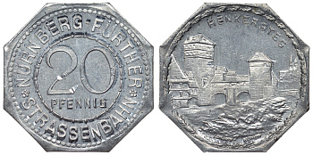 Германия, Нюрнберг - Фюрт 20 пфеннигов ND трамвайный жетон, мост "Путь к палачу" алюминий UNC 4119-655
