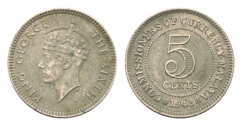 Британская Малайя 5 центов 1948 Георг VI (1936-1952) KM 7 медно-никель 4659-1235