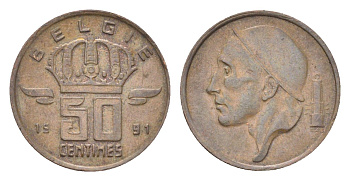 Бельгия 50 сантимов 1991 Belgie, Бодуэн I (1951-1993) KM 149 бронза 4705-312