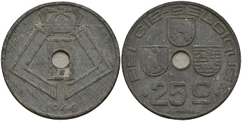 Бельгия 25 сантимов 1944 Belgie - Belgique, Леопольд III (1934-1947), германская оккупация, Вторая мировая война KM 132 цинк 4157-614