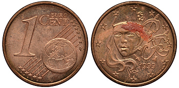 Франция 1 евроцент 1999 KM 1282 сталь плакированная медью VF 4181-133