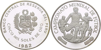 Перу 5000 солей 1982 чемпионат мира по футболу 1982 года в Испании, атака KM 284 серебро PROOF 01-149-41