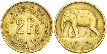 Бельгийское Конго 2 франка 1947 слон KM 28 латунь 4541-1031