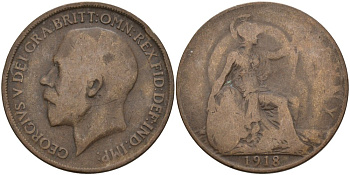 Великобритания 1 пенни 1918 Георг V (1910-1936) KM 810, Spink 4051 бронза 4572-1226
