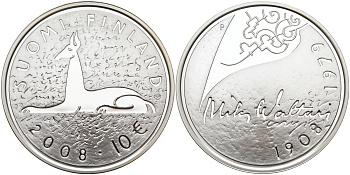 Финляндия 10 евро 2008 Мика Валтари, писатель KM 142 серебро  PROOF 11-114-32
