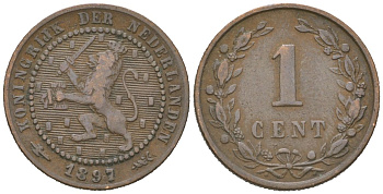 Нидерланды 1 цент 1897 Вильгельмина (1890-1948) KM 107 бронза 4154-563