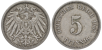 ГЕРМАНИЯ 5 ПФЕННИГОВ 1905 A, KM 11, J.12 медно-никель 45-1123