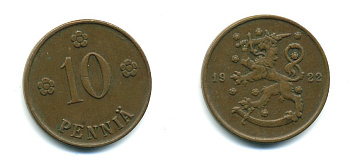 Финляндия 10 пенни 1922 республика (1918-1962) KM 24 медь 46-524
